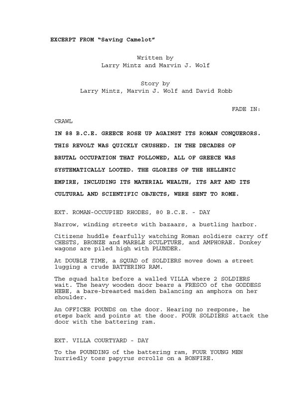 Excerpt from 'Saving Camelot' screenplay by Larry Mintz and Marvin J. Wolf. p. 1